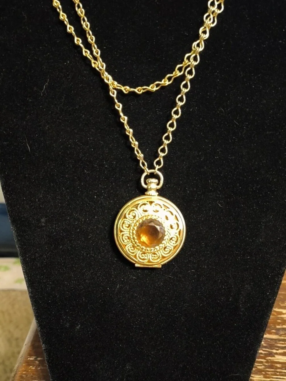 Vintage Avon Gold-Tone Filigree Locket Necklace with Amber Stone